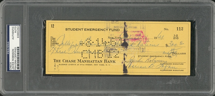 1961 Jackie Robinson Signed Check To Help Pay For A Student To Attend The International Student Movement (PSA/DNA)